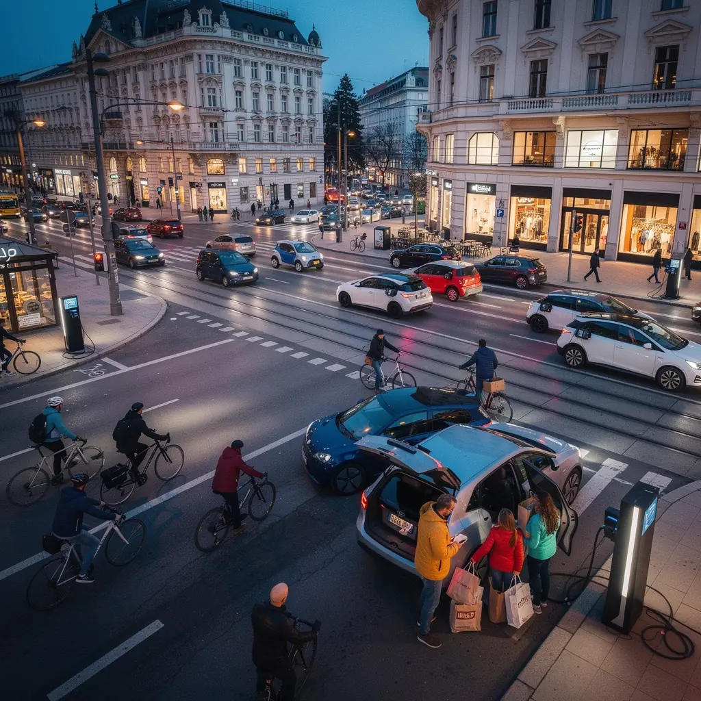 Moderne Elektroautos parken an einer Ladestation in einer belebten Wiener Straße.