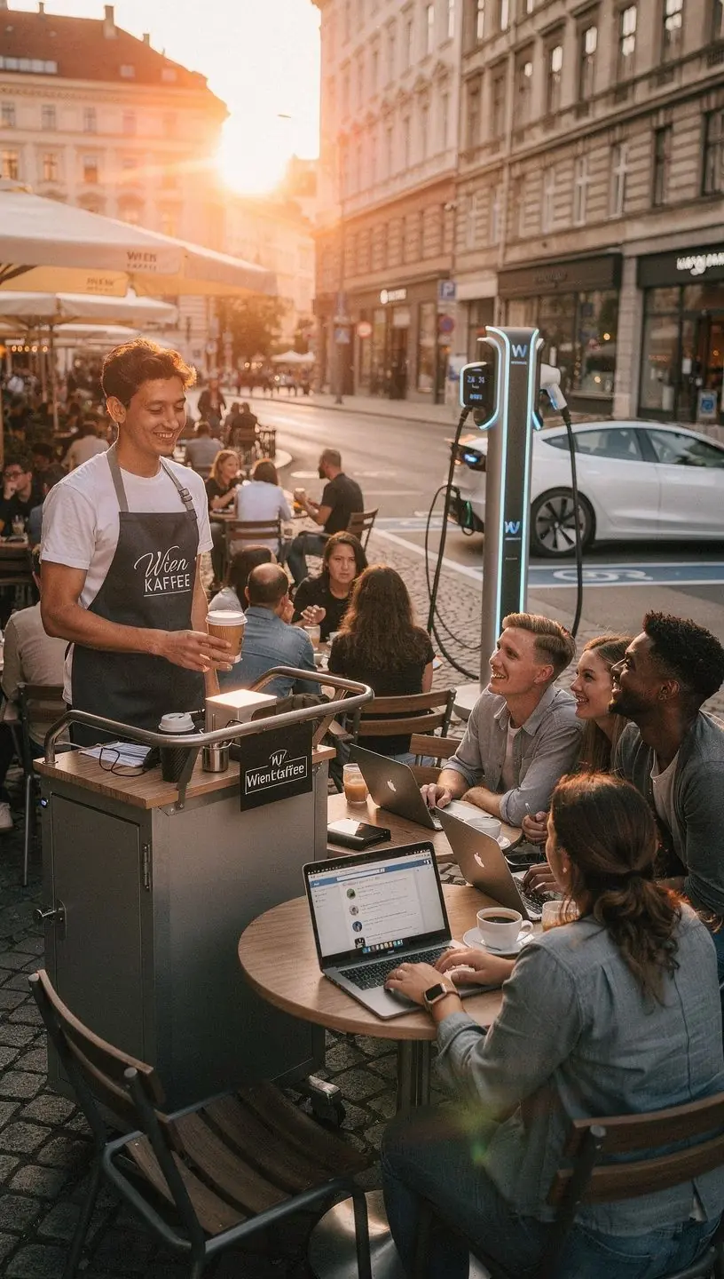 Ladestation für Elektrofahrzeuge im Stadtzentrum von Wien bei Nacht.