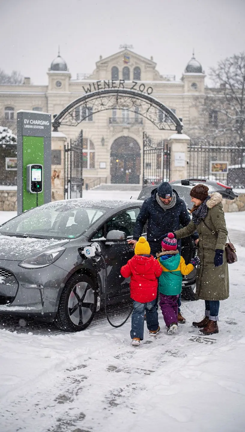 Blick auf die Innenstadt von Wien mit Elektrofahrzeugen und Ladestationen