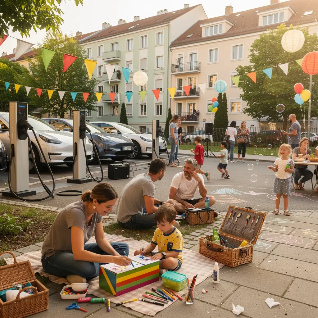 Stadtansicht von Wien mit klar erkennbaren Ladestationen fГјr E-Autos.
