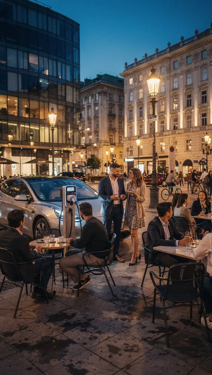 E-Auto, das an einer Г¶ffentlichen Ladestation in der Innenstadt von Wien aufgeladen wird.