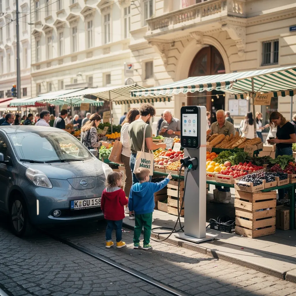 Bequeme Ladeinfrastruktur fГјr Elektrofahrzeuge in einer belebten Wiener StraГџe.