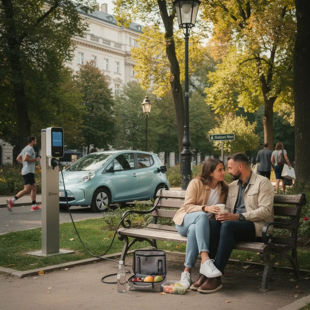 Elektrofahrzeug parkt neben einer gut sichtbaren Ladestation in einer belebten Straße Wiens.